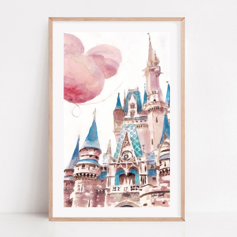 Disney Castle Sleeping beauty Magic Kingdom watercolor art print wall art pink